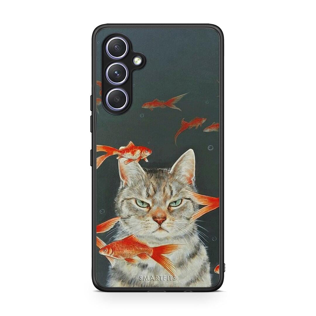 Θήκη Samsung Galaxy A54 Cat Goldfish από τη Smartfits με σχέδιο στο πίσω μέρος και μαύρο περίβλημα | Samsung Galaxy A54 Cat Goldfish Case with Colorful Back and Black Bezels