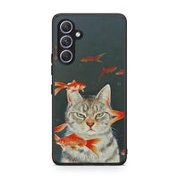 Thumbnail for Θήκη Samsung Galaxy A54 Cat Goldfish από τη Smartfits με σχέδιο στο πίσω μέρος και μαύρο περίβλημα | Samsung Galaxy A54 Cat Goldfish Case with Colorful Back and Black Bezels