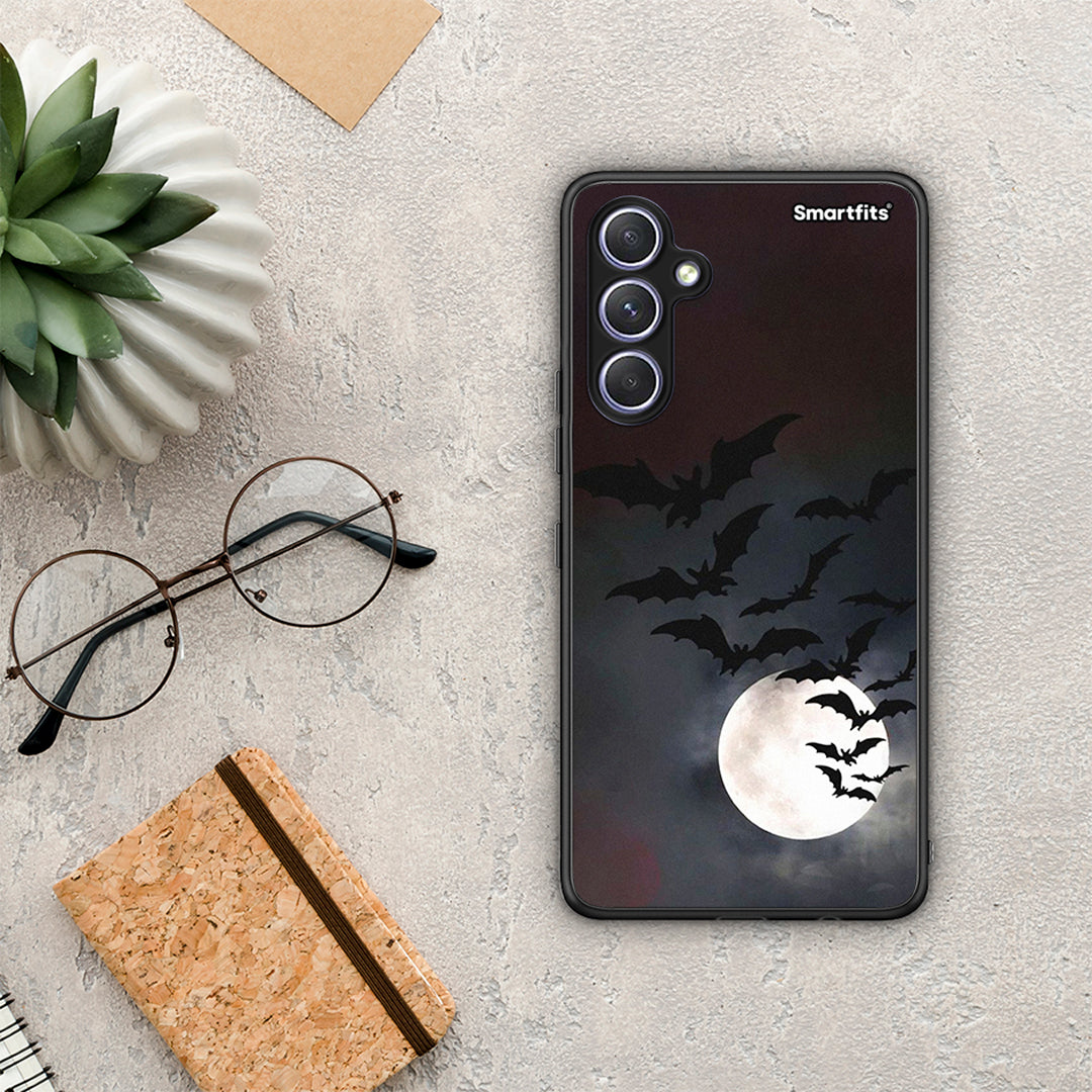 Θήκη Samsung Galaxy A54 Halloween Bat Night από τη Smartfits με σχέδιο στο πίσω μέρος και μαύρο περίβλημα | Samsung Galaxy A54 Halloween Bat Night Case with Colorful Back and Black Bezels