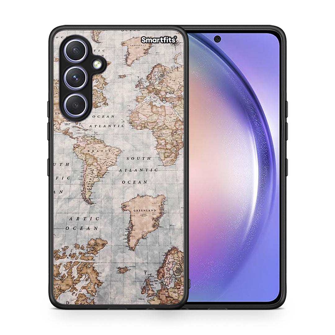 Θήκη Samsung Galaxy A54 World Map από τη Smartfits με σχέδιο στο πίσω μέρος και μαύρο περίβλημα | Samsung Galaxy A54 World Map Case with Colorful Back and Black Bezels