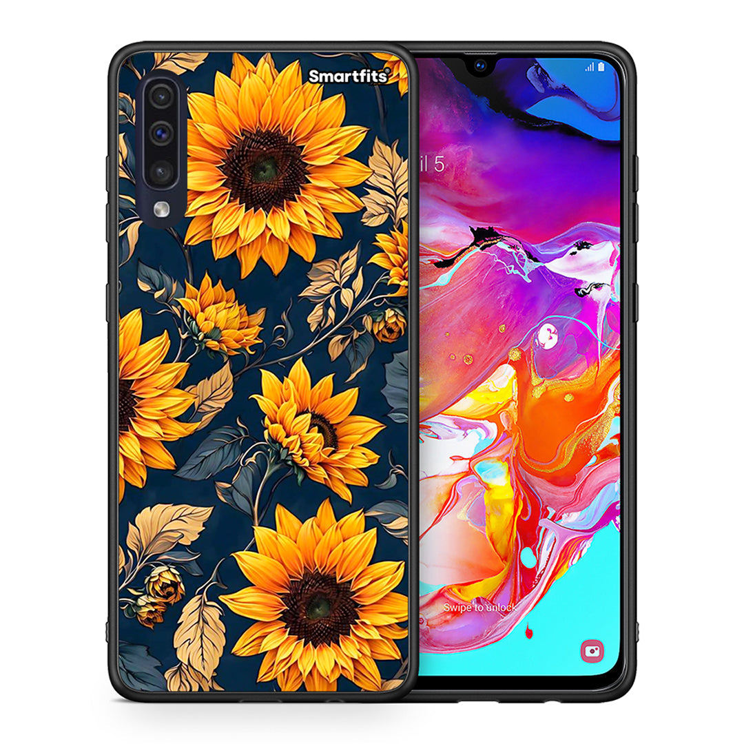Θήκη Samsung A70 Autumn Sunflowers από τη Smartfits με σχέδιο στο πίσω μέρος και μαύρο περίβλημα | Samsung A70 Autumn Sunflowers case with colorful back and black bezels