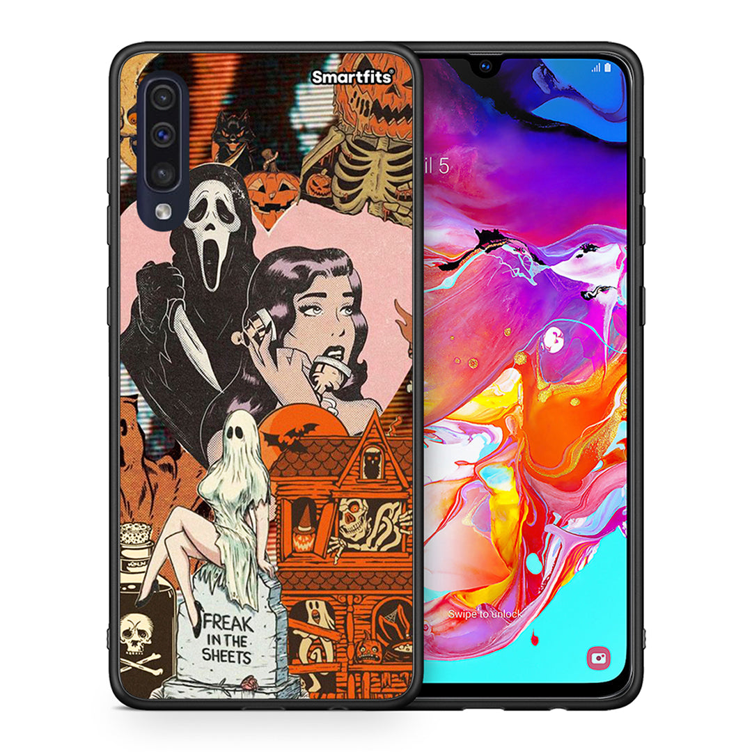 Θήκη Samsung A70 Halloween Collage από τη Smartfits με σχέδιο στο πίσω μέρος και μαύρο περίβλημα | Samsung A70 Halloween Collage case with colorful back and black bezels