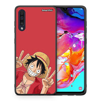 Thumbnail for Θήκη Samsung A70 Pirate Luffy από τη Smartfits με σχέδιο στο πίσω μέρος και μαύρο περίβλημα | Samsung A70 Pirate Luffy case with colorful back and black bezels