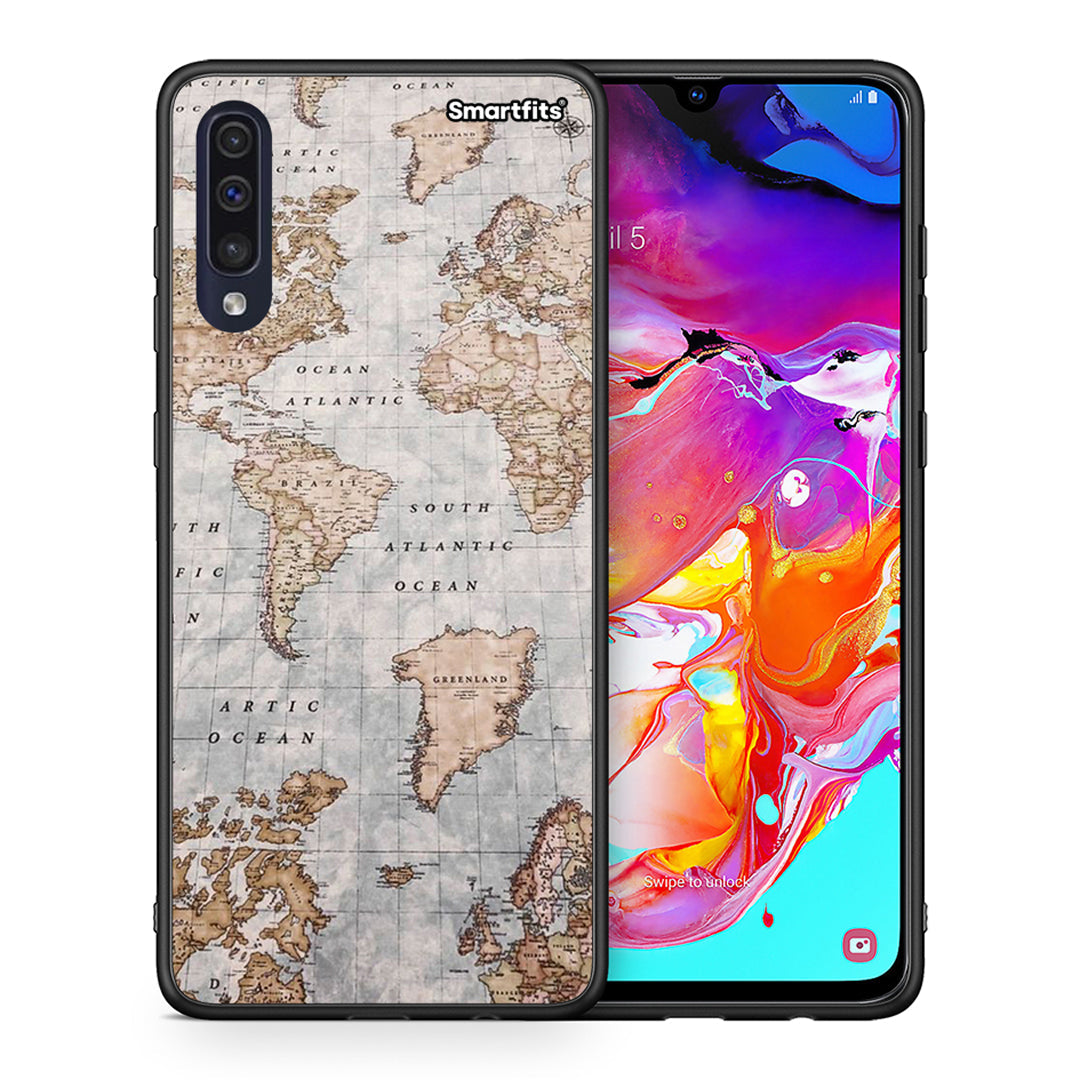 Θήκη Samsung A70 World Map από τη Smartfits με σχέδιο στο πίσω μέρος και μαύρο περίβλημα | Samsung A70 World Map case with colorful back and black bezels