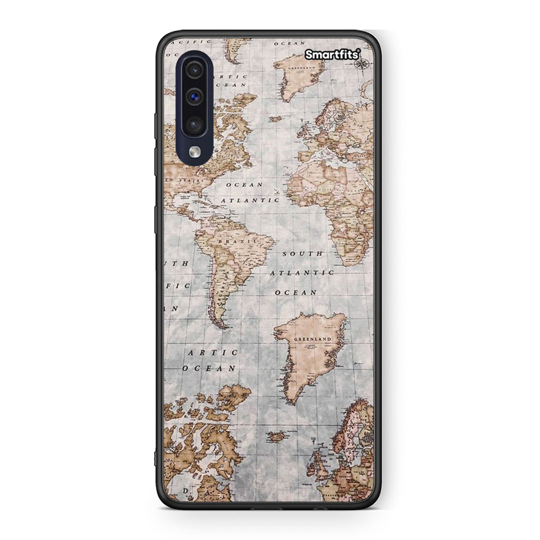 Samsung A70 World Map Θήκη από τη Smartfits με σχέδιο στο πίσω μέρος και μαύρο περίβλημα | Smartphone case with colorful back and black bezels by Smartfits