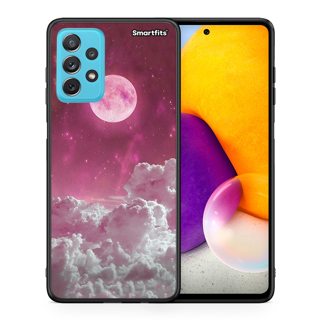 Θήκη Samsung A72 Pink Moon από τη Smartfits με σχέδιο στο πίσω μέρος και μαύρο περίβλημα | Samsung A72 Pink Moon case with colorful back and black bezels
