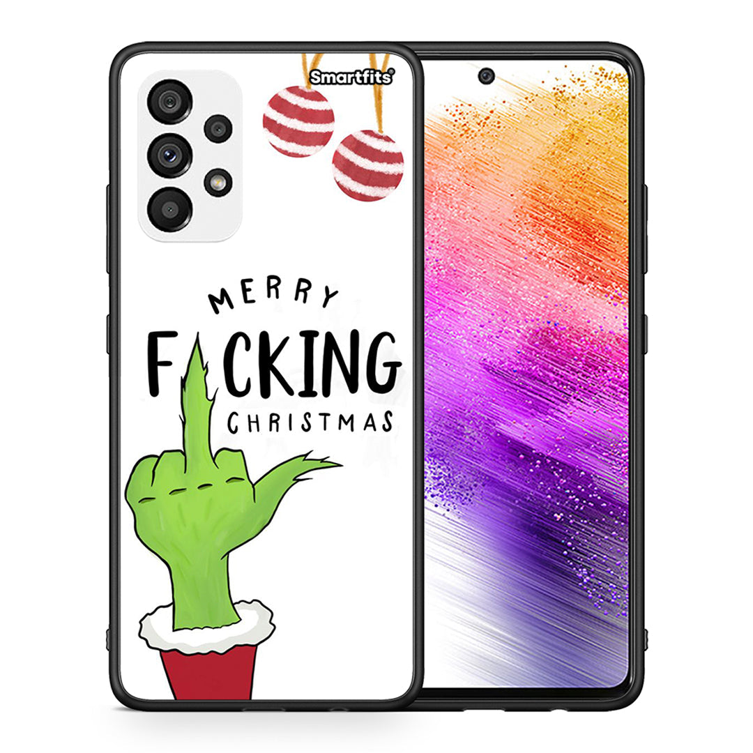 Θήκη Samsung A73 5G Merry F Xmas από τη Smartfits με σχέδιο στο πίσω μέρος και μαύρο περίβλημα | Samsung A73 5G Merry F Xmas case with colorful back and black bezels