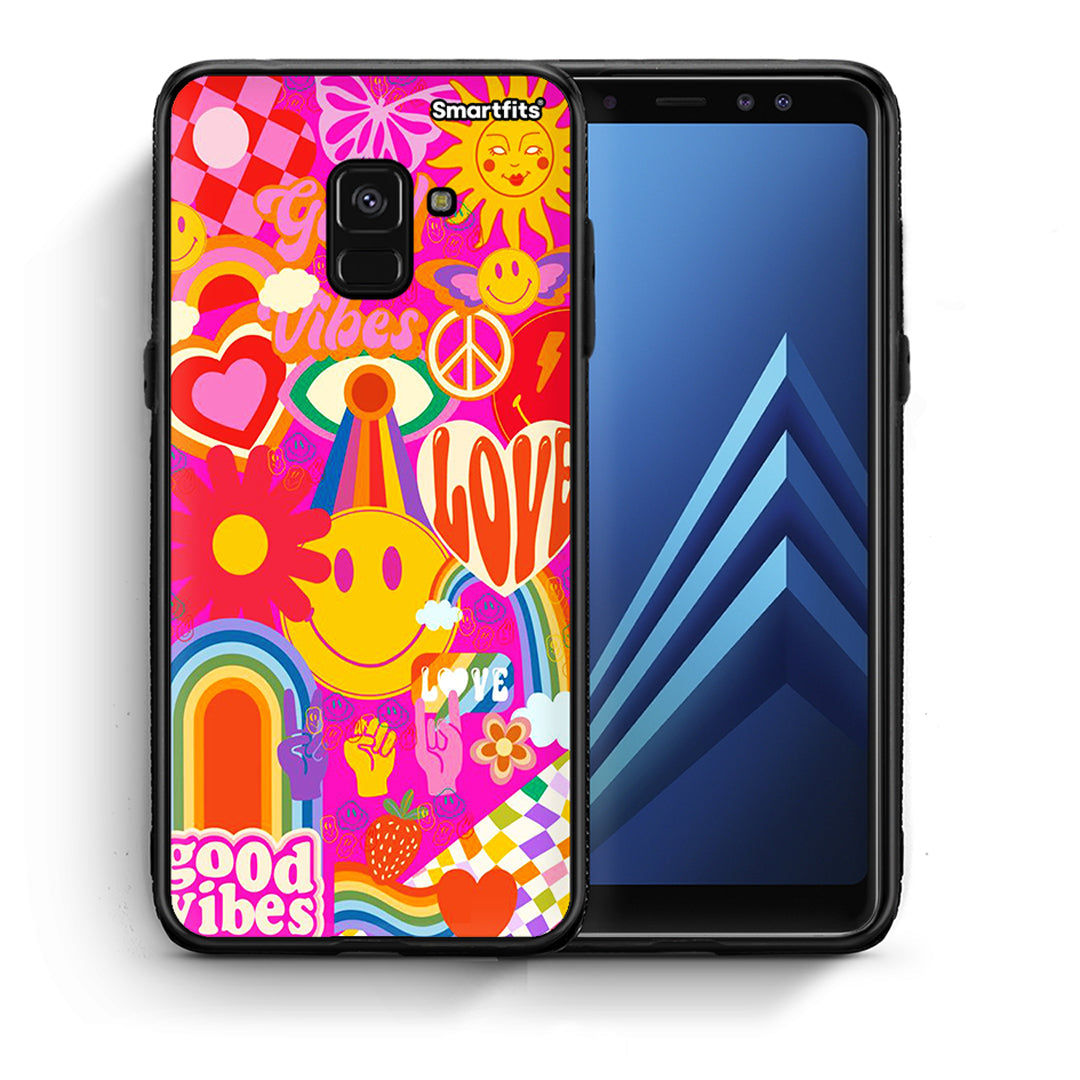 Θήκη Samsung A8 Hippie Love από τη Smartfits με σχέδιο στο πίσω μέρος και μαύρο περίβλημα | Samsung A8 Hippie Love case with colorful back and black bezels