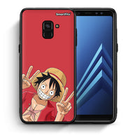 Thumbnail for Θήκη Samsung A8 Pirate Luffy από τη Smartfits με σχέδιο στο πίσω μέρος και μαύρο περίβλημα | Samsung A8 Pirate Luffy case with colorful back and black bezels