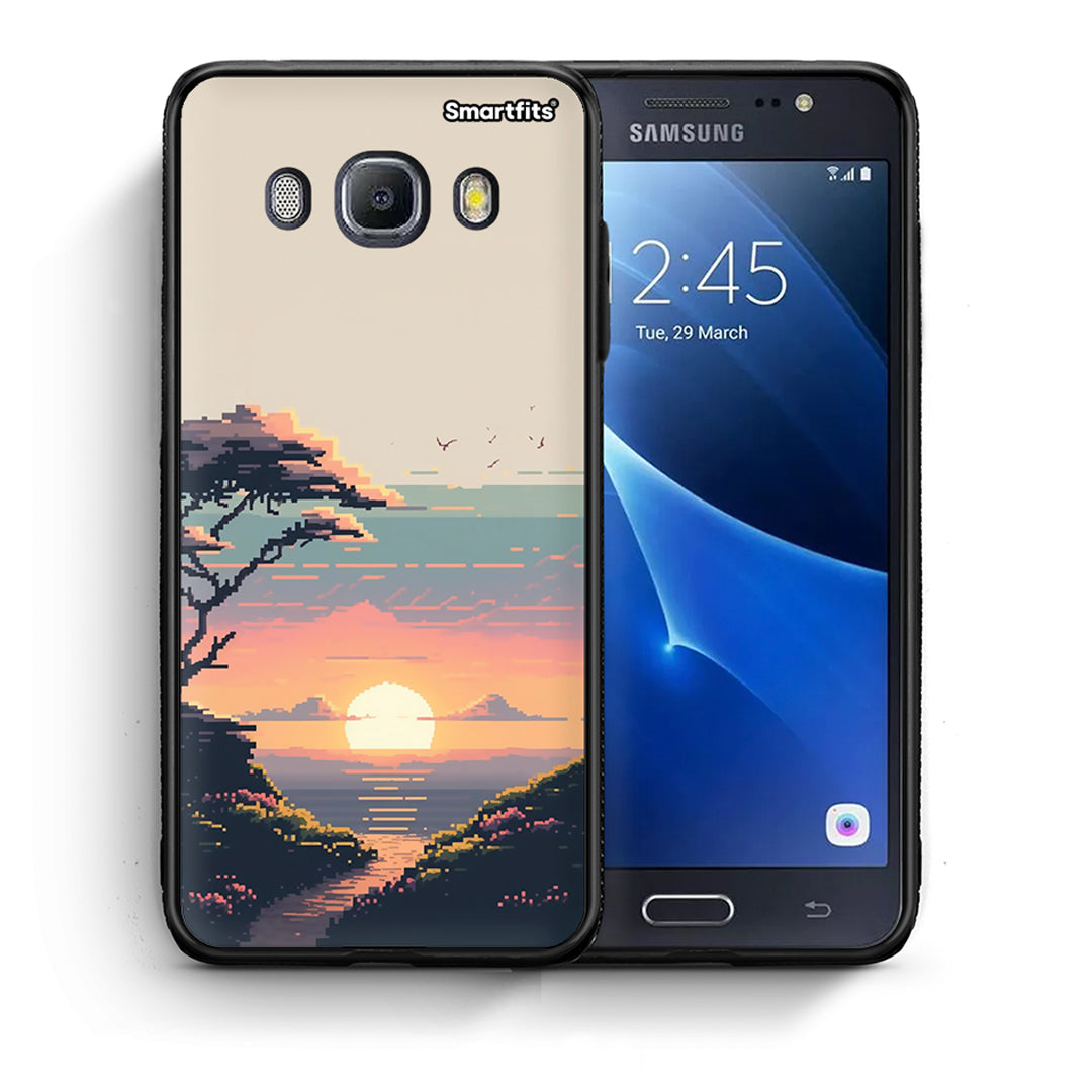 Θήκη Samsung J7 2016 Pixel Sunset από τη Smartfits με σχέδιο στο πίσω μέρος και μαύρο περίβλημα | Samsung J7 2016 Pixel Sunset case with colorful back and black bezels