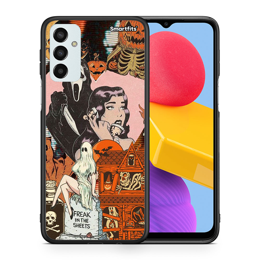 Θήκη Samsung M13 Halloween Collage από τη Smartfits με σχέδιο στο πίσω μέρος και μαύρο περίβλημα | Samsung M13 Halloween Collage case with colorful back and black bezels