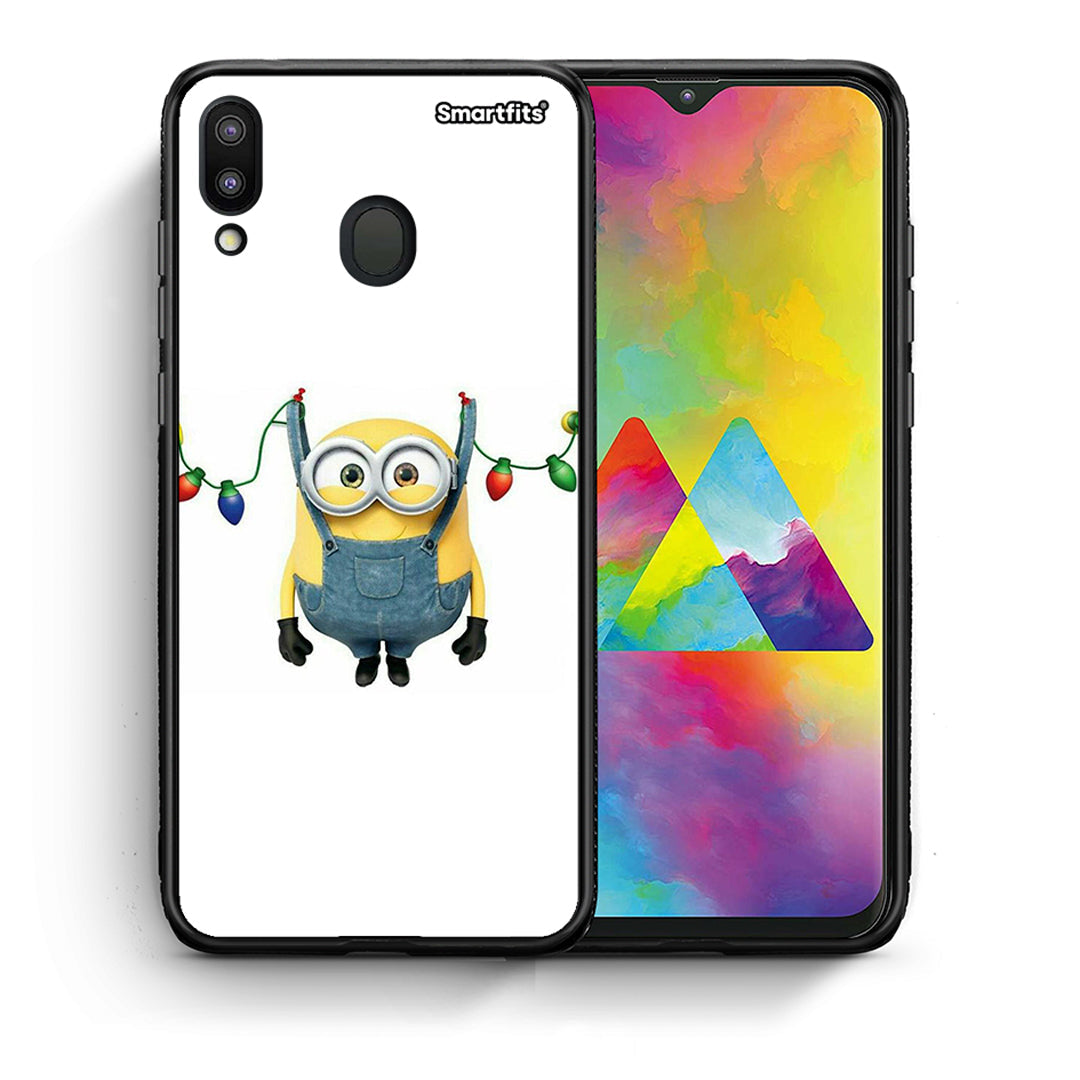 Θήκη Samsung M20 Xmas Minion Lights από τη Smartfits με σχέδιο στο πίσω μέρος και μαύρο περίβλημα | Samsung M20 Xmas Minion Lights case with colorful back and black bezels