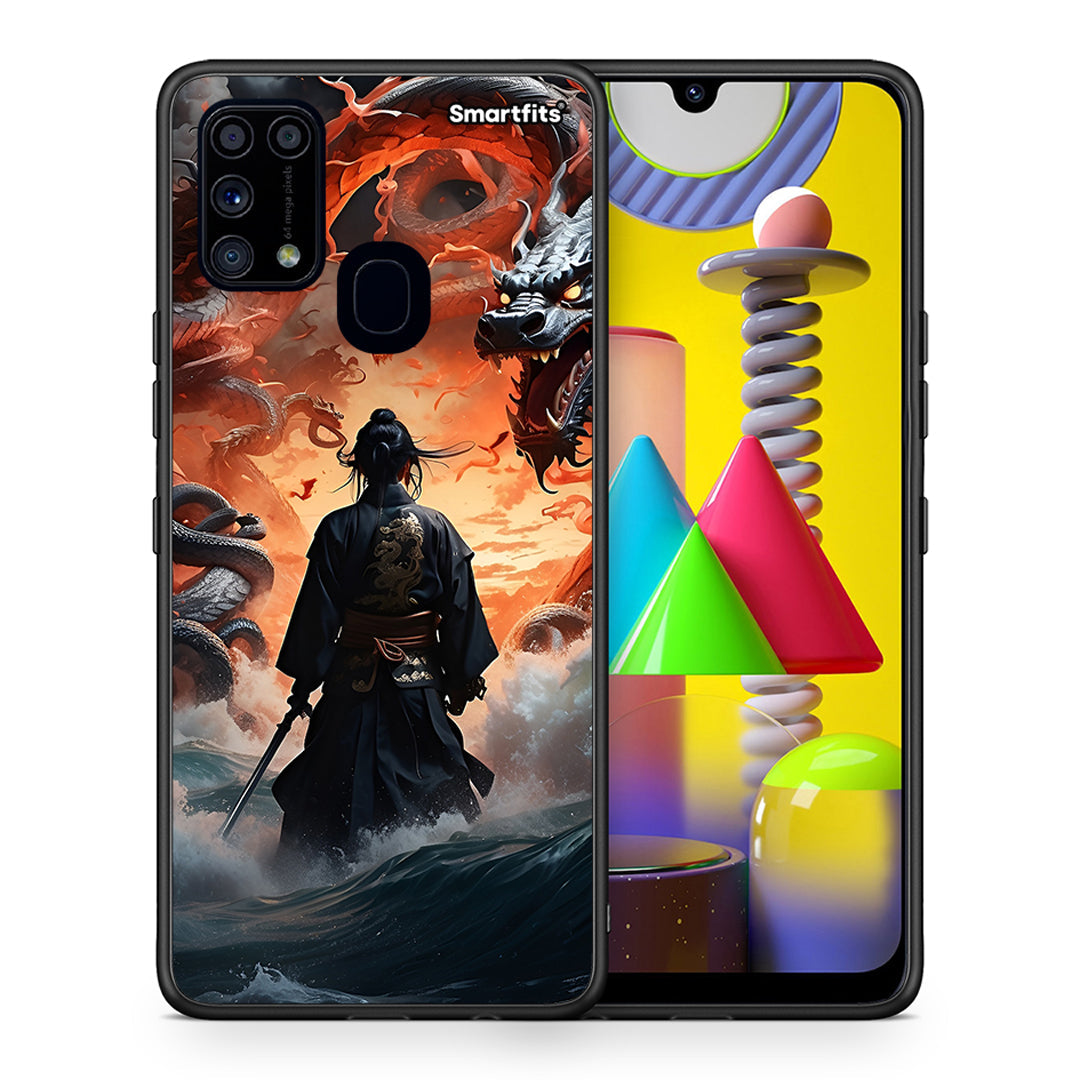 Θήκη Samsung M31 Dragons Fight από τη Smartfits με σχέδιο στο πίσω μέρος και μαύρο περίβλημα | Samsung M31 Dragons Fight case with colorful back and black bezels