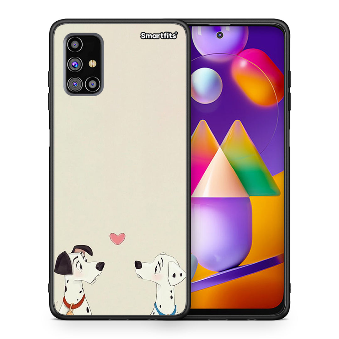 Θήκη Samsung M31s Dalmatians Love από τη Smartfits με σχέδιο στο πίσω μέρος και μαύρο περίβλημα | Samsung M31s Dalmatians Love case with colorful back and black bezels