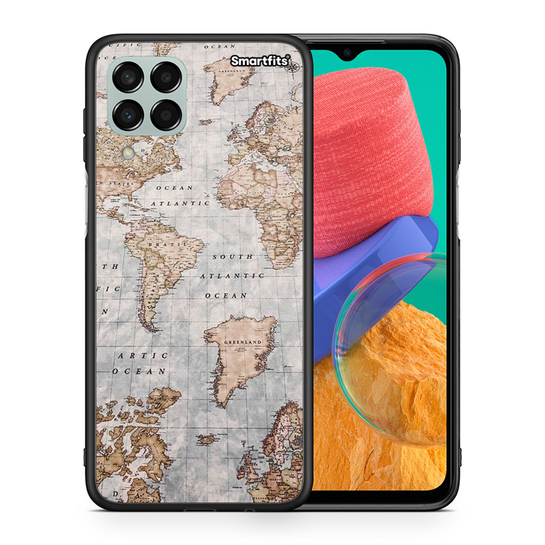 Θήκη Samsung M33 World Map από τη Smartfits με σχέδιο στο πίσω μέρος και μαύρο περίβλημα | Samsung M33 World Map case with colorful back and black bezels