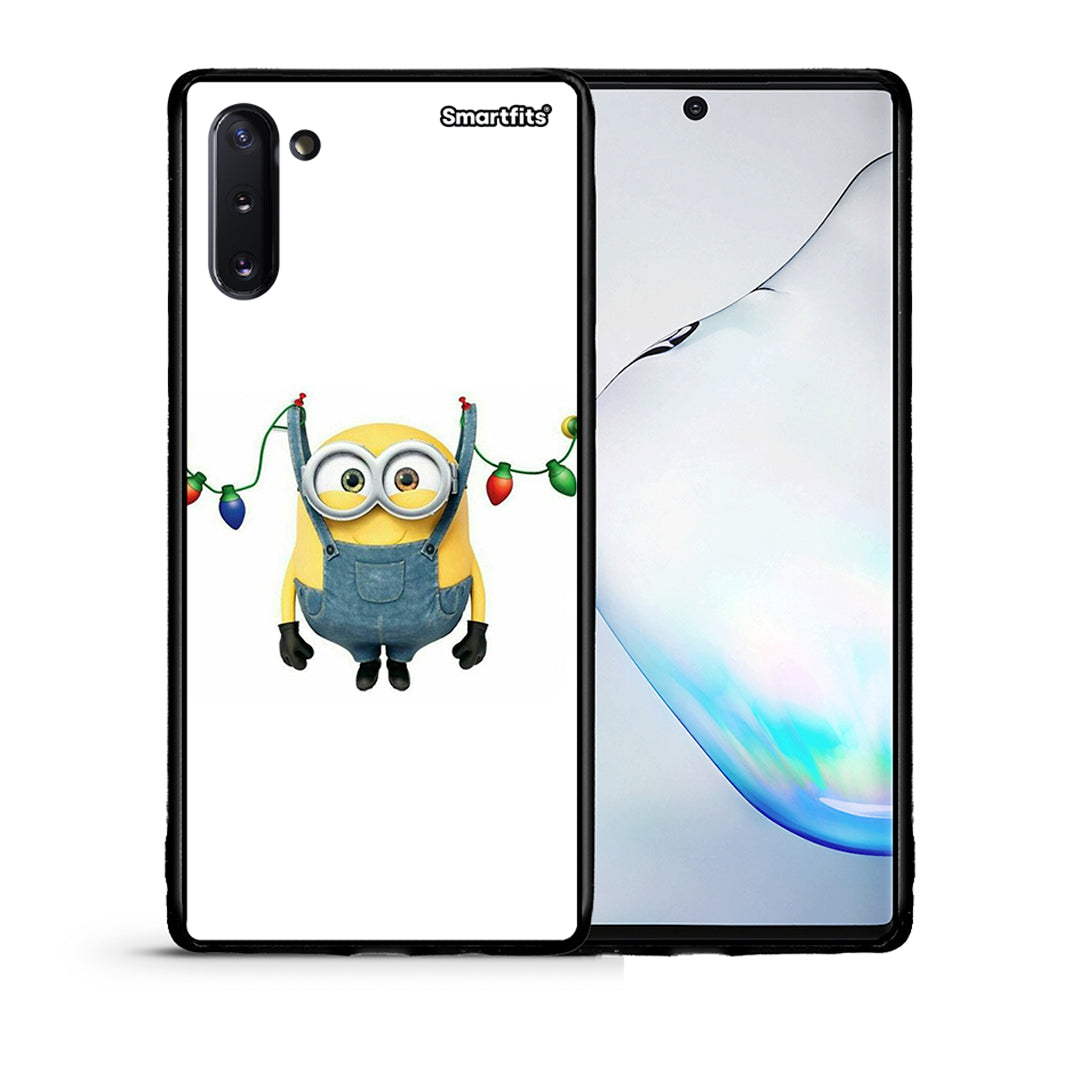 Θήκη Samsung Note 10 Xmas Minion Lights από τη Smartfits με σχέδιο στο πίσω μέρος και μαύρο περίβλημα | Samsung Note 10 Xmas Minion Lights case with colorful back and black bezels