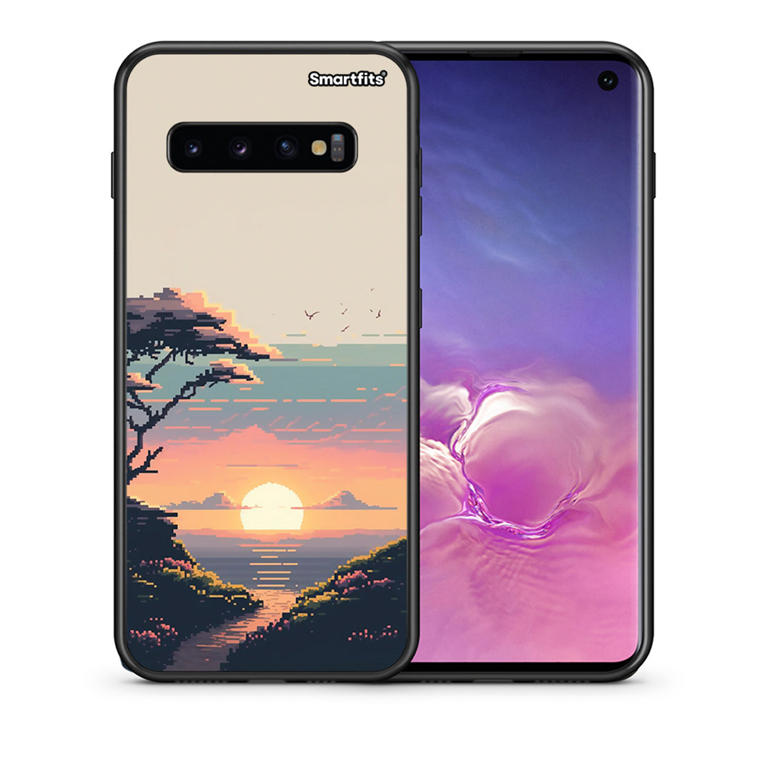 Θήκη Samsung S10 Pixel Sunset από τη Smartfits με σχέδιο στο πίσω μέρος και μαύρο περίβλημα | Samsung S10 Pixel Sunset case with colorful back and black bezels