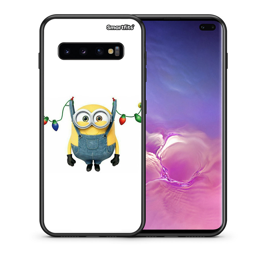 Θήκη Samsung S10+ Xmas Minion Lights από τη Smartfits με σχέδιο στο πίσω μέρος και μαύρο περίβλημα | Samsung S10+ Xmas Minion Lights case with colorful back and black bezels