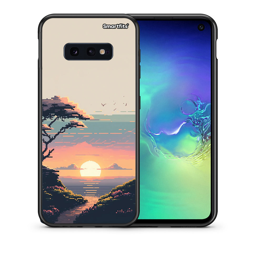 Θήκη Samsung S10e Pixel Sunset από τη Smartfits με σχέδιο στο πίσω μέρος και μαύρο περίβλημα | Samsung S10e Pixel Sunset case with colorful back and black bezels