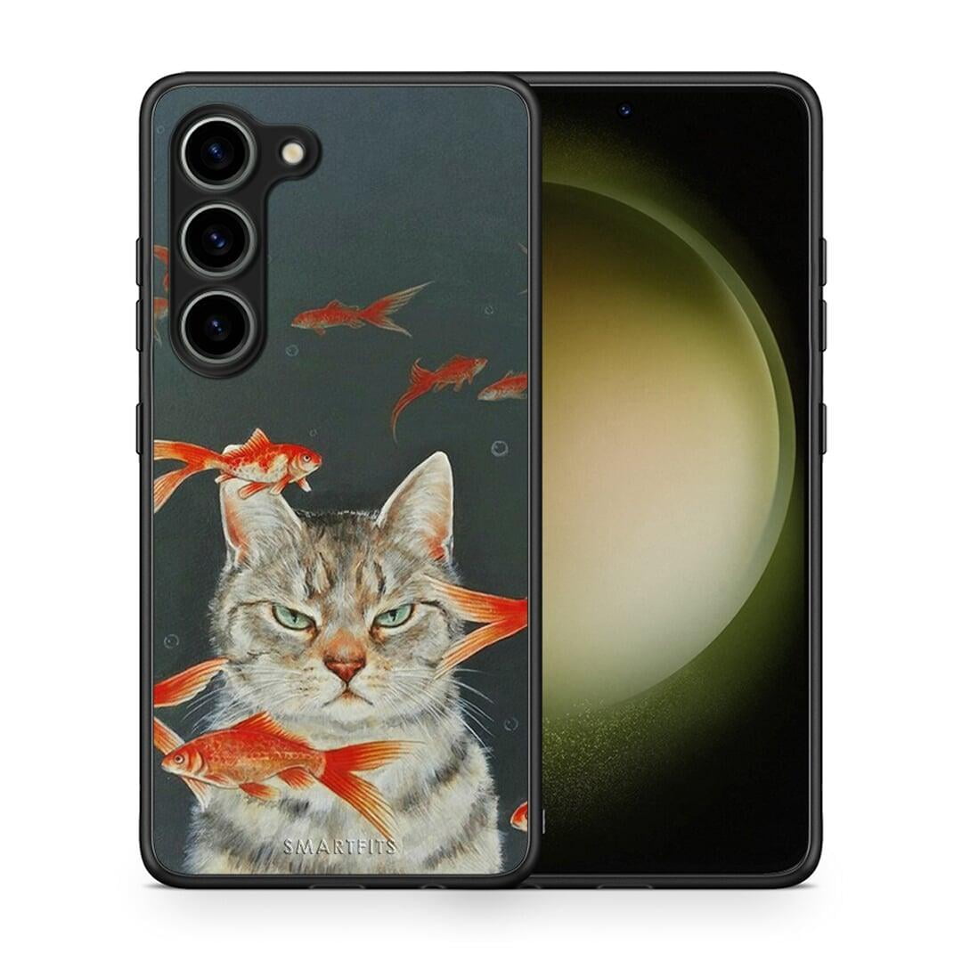 Θήκη Samsung Galaxy S23 Cat Goldfish από τη Smartfits με σχέδιο στο πίσω μέρος και μαύρο περίβλημα | Samsung Galaxy S23 Cat Goldfish Case with Colorful Back and Black Bezels