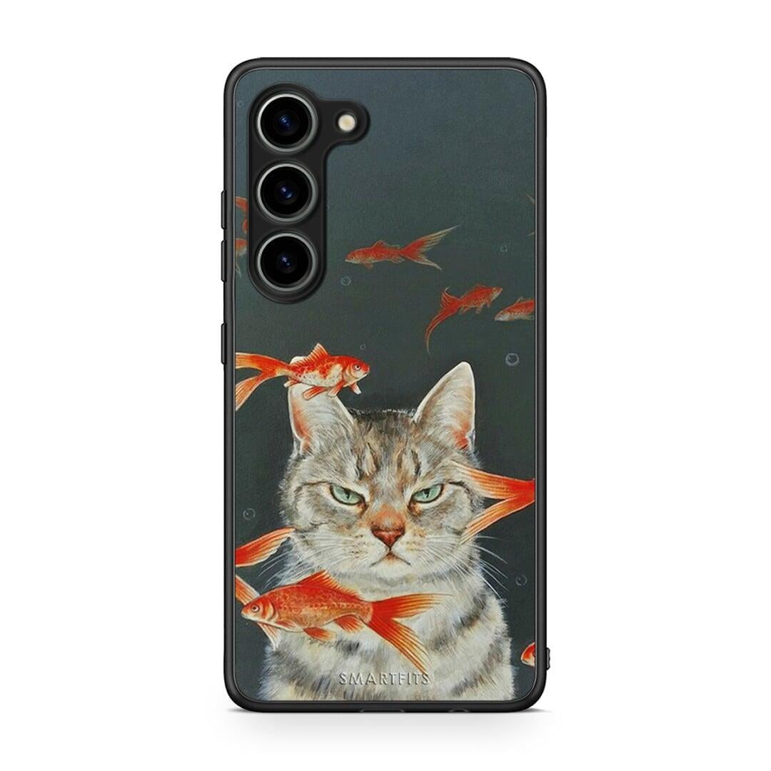 Θήκη Samsung Galaxy S23 Cat Goldfish από τη Smartfits με σχέδιο στο πίσω μέρος και μαύρο περίβλημα | Samsung Galaxy S23 Cat Goldfish Case with Colorful Back and Black Bezels