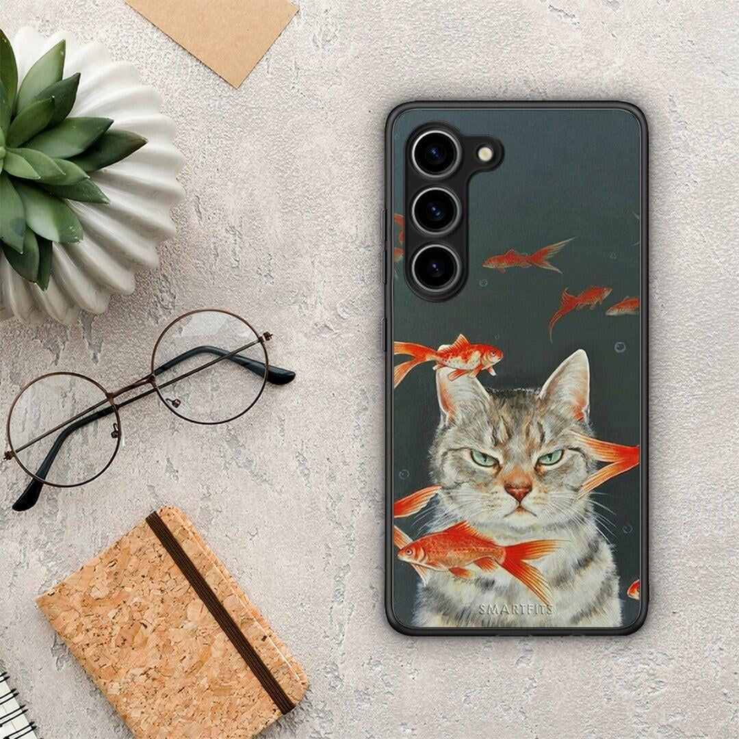 Θήκη Samsung Galaxy S23 Cat Goldfish από τη Smartfits με σχέδιο στο πίσω μέρος και μαύρο περίβλημα | Samsung Galaxy S23 Cat Goldfish Case with Colorful Back and Black Bezels