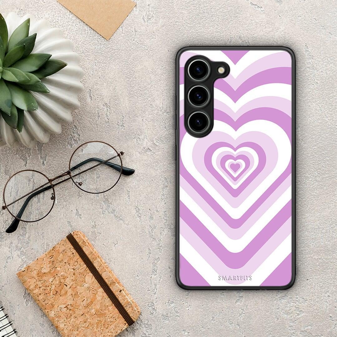 Θήκη Samsung Galaxy S23 Lilac Hearts από τη Smartfits με σχέδιο στο πίσω μέρος και μαύρο περίβλημα | Samsung Galaxy S23 Lilac Hearts Case with Colorful Back and Black Bezels