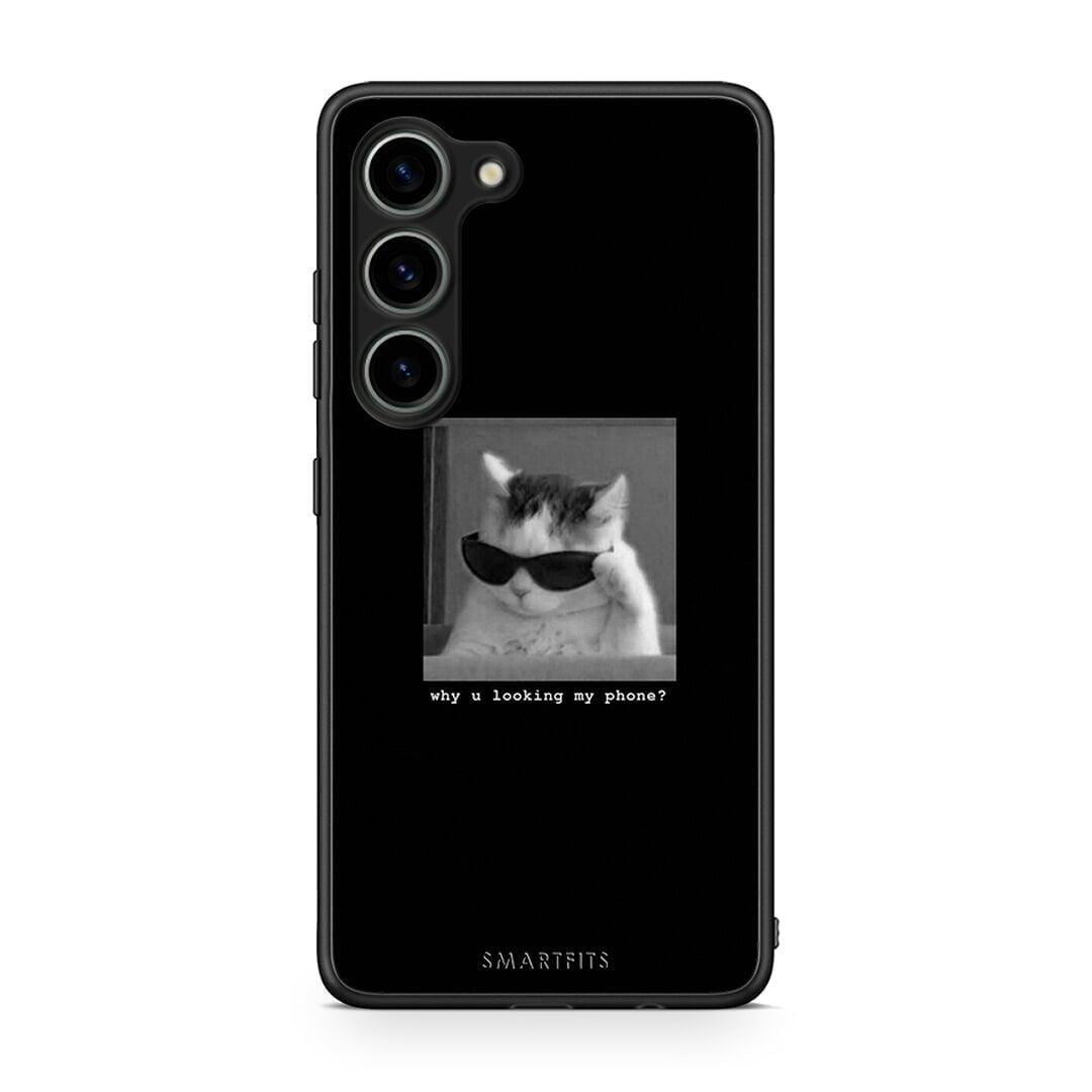 Θήκη Samsung Galaxy S23 Meme Cat από τη Smartfits με σχέδιο στο πίσω μέρος και μαύρο περίβλημα | Samsung Galaxy S23 Meme Cat Case with Colorful Back and Black Bezels