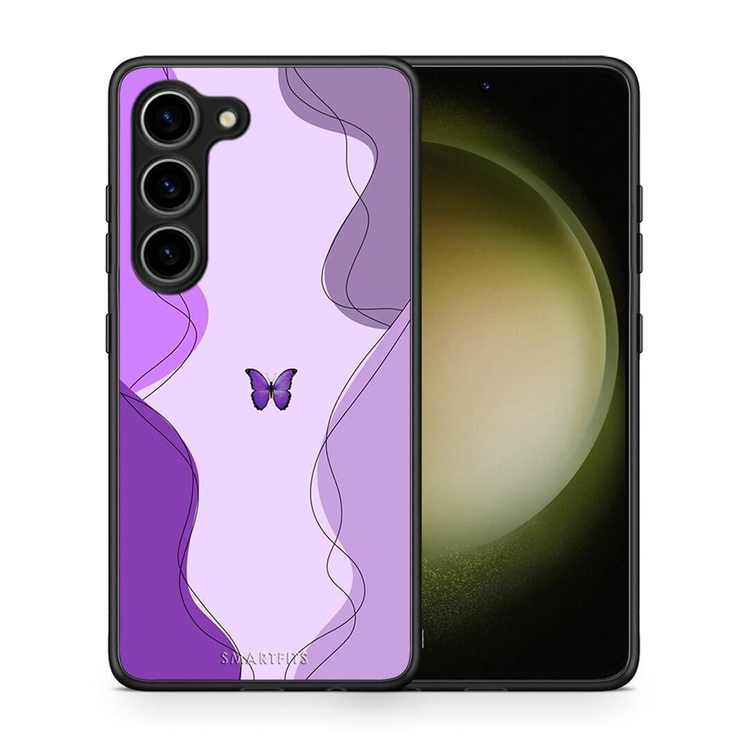 Θήκη Samsung Galaxy S23 Purple Mariposa από τη Smartfits με σχέδιο στο πίσω μέρος και μαύρο περίβλημα | Samsung Galaxy S23 Purple Mariposa Case with Colorful Back and Black Bezels