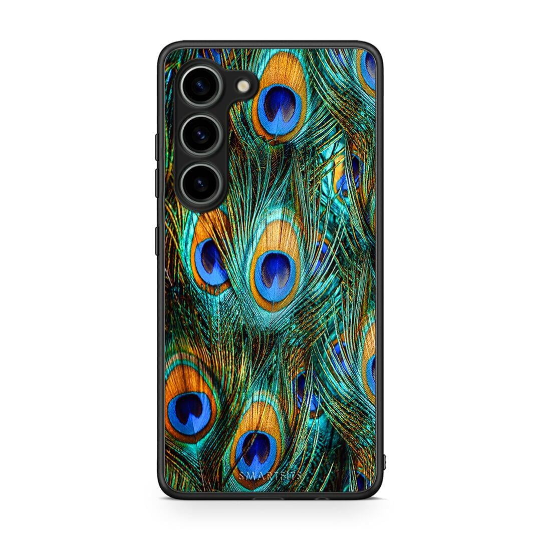 Θήκη Samsung Galaxy S23 Real Peacock Feathers από τη Smartfits με σχέδιο στο πίσω μέρος και μαύρο περίβλημα | Samsung Galaxy S23 Real Peacock Feathers Case with Colorful Back and Black Bezels