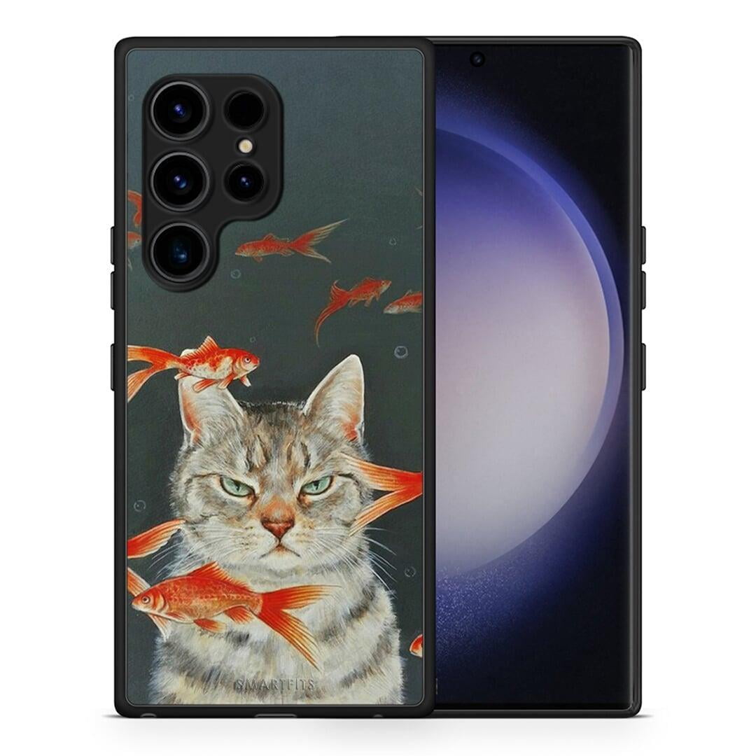 Θήκη Samsung Galaxy S23 Ultra Cat Goldfish από τη Smartfits με σχέδιο στο πίσω μέρος και μαύρο περίβλημα | Samsung Galaxy S23 Ultra Cat Goldfish Case with Colorful Back and Black Bezels