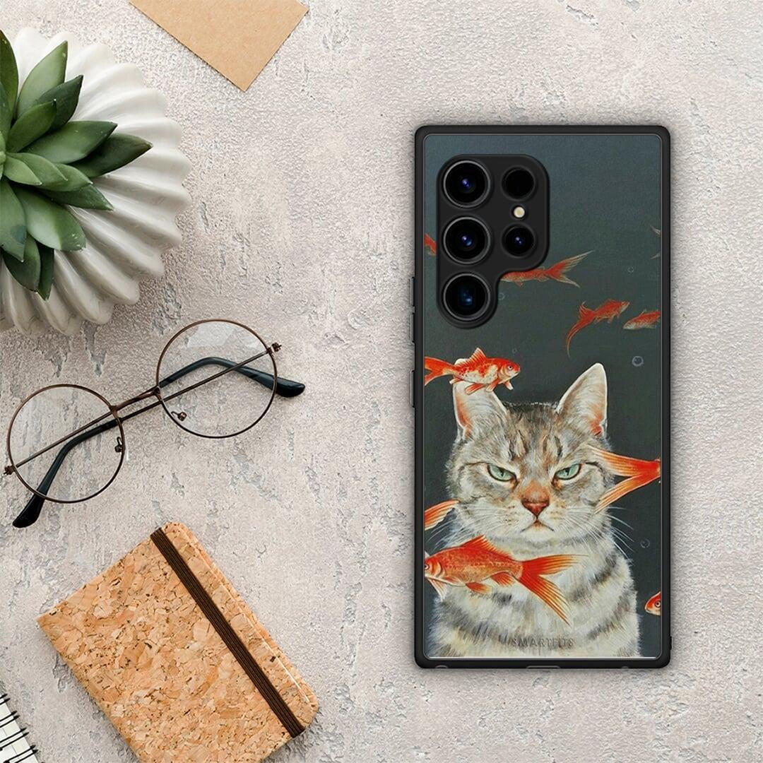 Θήκη Samsung Galaxy S23 Ultra Cat Goldfish από τη Smartfits με σχέδιο στο πίσω μέρος και μαύρο περίβλημα | Samsung Galaxy S23 Ultra Cat Goldfish Case with Colorful Back and Black Bezels