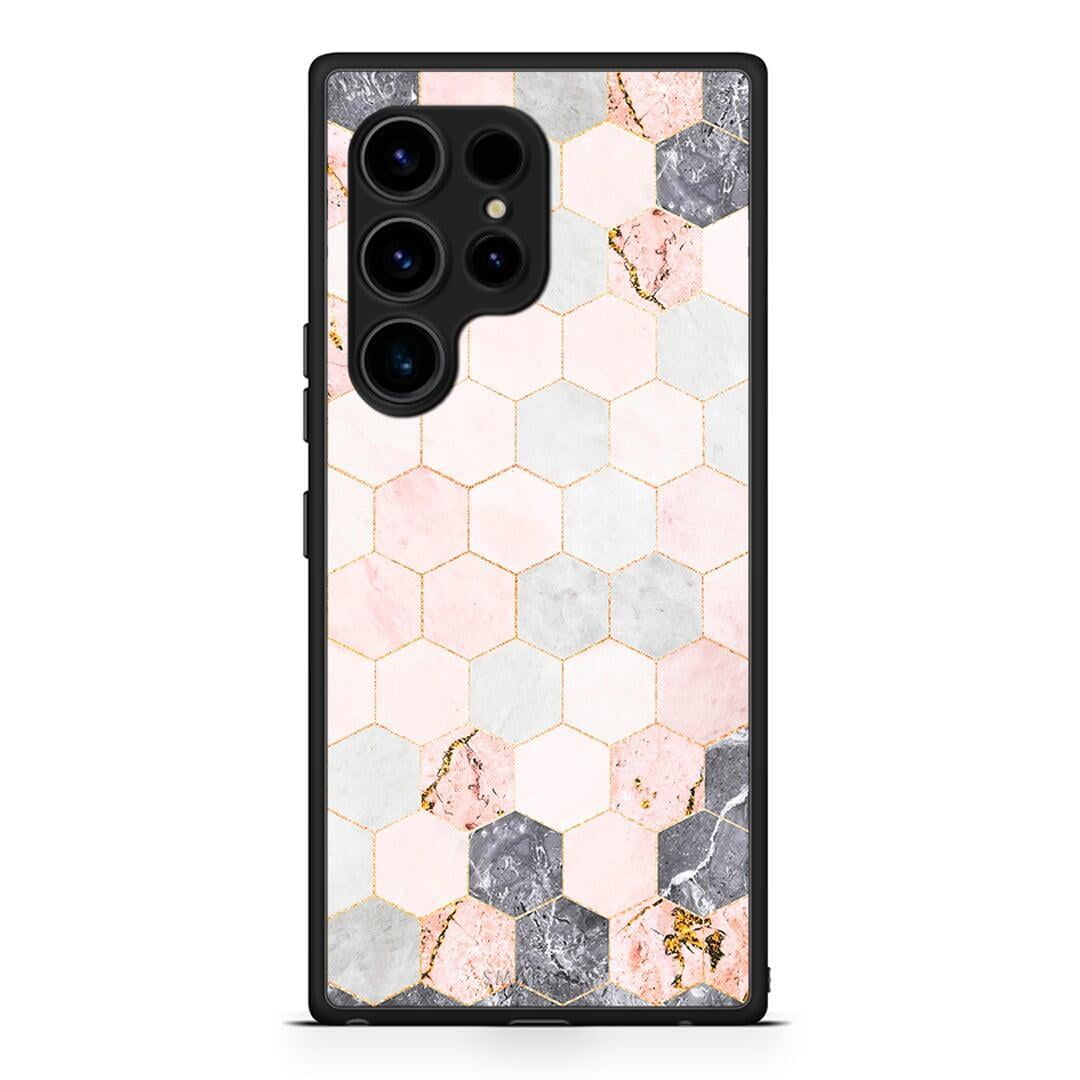 Θήκη Samsung Galaxy S23 Ultra Marble Hexagon Pink από τη Smartfits με σχέδιο στο πίσω μέρος και μαύρο περίβλημα | Samsung Galaxy S23 Ultra Marble Hexagon Pink Case with Colorful Back and Black Bezels