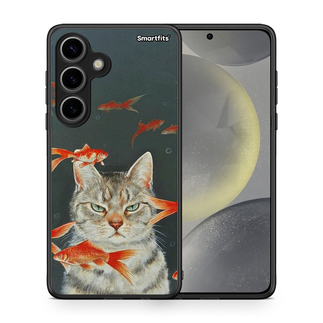 Θήκη Samsung Galaxy S24 Cat Goldfish από τη Smartfits με σχέδιο στο πίσω μέρος και μαύρο περίβλημα | Samsung Galaxy S24 Cat Goldfish case with colorful back and black bezels