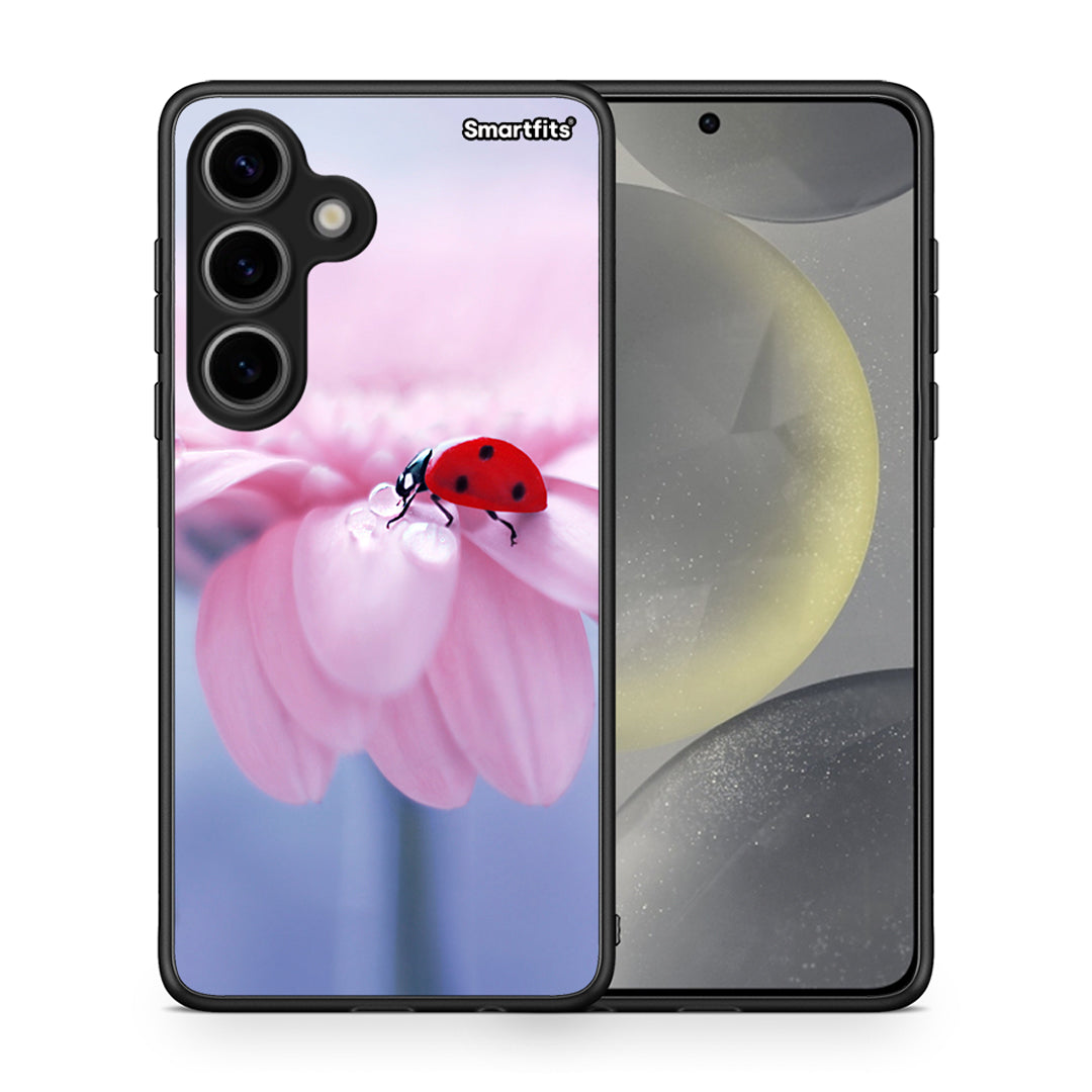 Θήκη Samsung Galaxy S24 Ladybug Flower από τη Smartfits με σχέδιο στο πίσω μέρος και μαύρο περίβλημα | Samsung Galaxy S24 Ladybug Flower case with colorful back and black bezels