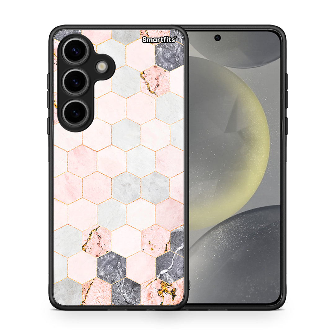 Θήκη Samsung Galaxy S24 Hexagon Pink Marble από τη Smartfits με σχέδιο στο πίσω μέρος και μαύρο περίβλημα | Samsung Galaxy S24 Hexagon Pink Marble case with colorful back and black bezels