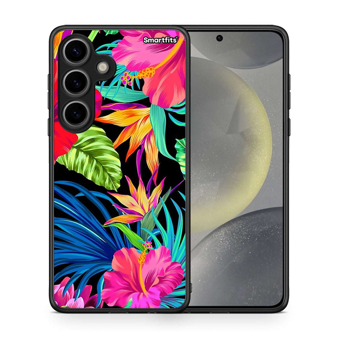 Θήκη Samsung Galaxy S24 Tropical Flowers από τη Smartfits με σχέδιο στο πίσω μέρος και μαύρο περίβλημα | Samsung Galaxy S24 Tropical Flowers case with colorful back and black bezels