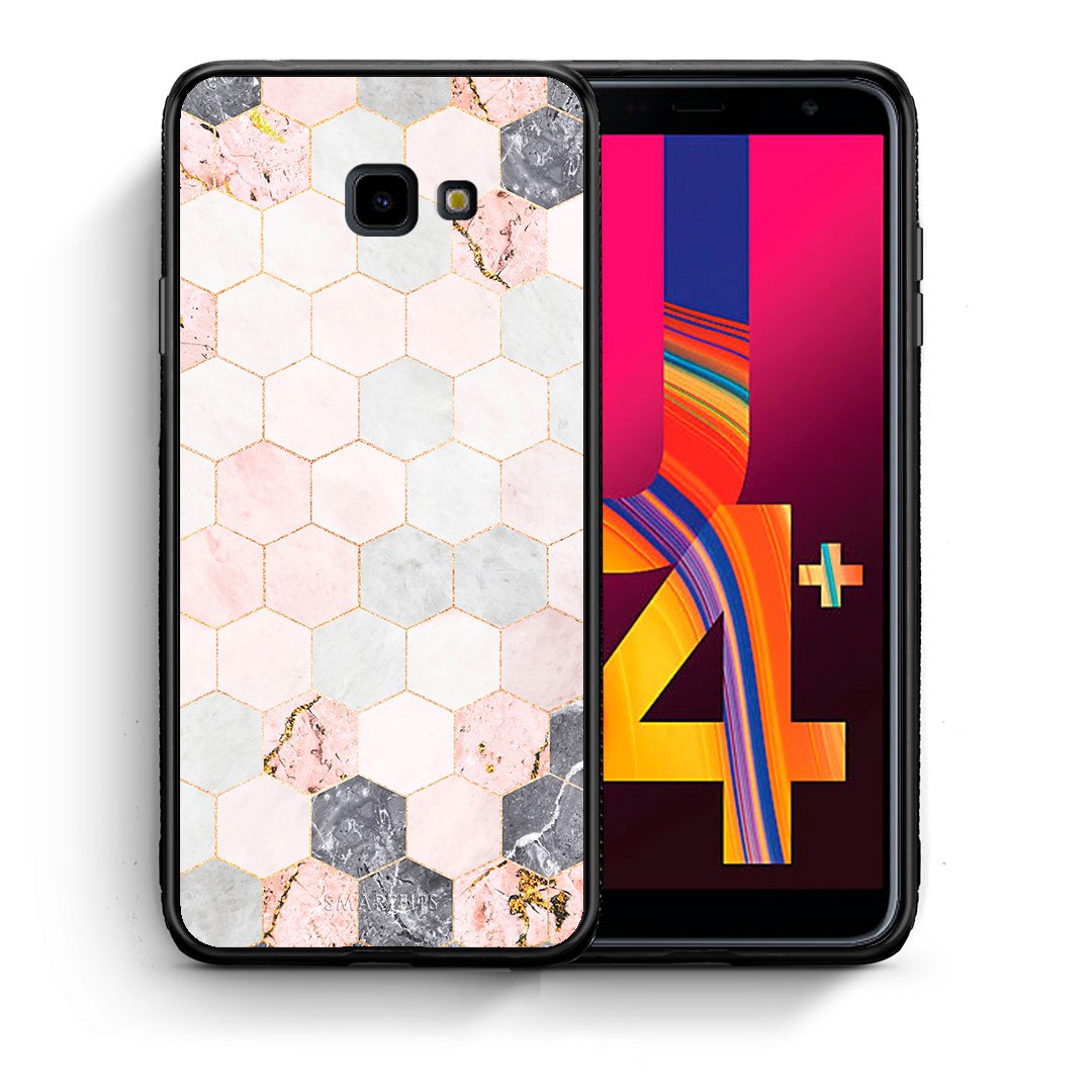 Θήκη Samsung J4 Plus Hexagon Pink Marble από τη Smartfits με σχέδιο στο πίσω μέρος και μαύρο περίβλημα | Samsung J4 Plus Hexagon Pink Marble case with colorful back and black bezels