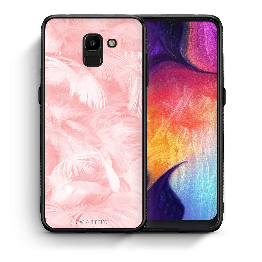 Θήκη Samsung J6 Pink Feather Boho από τη Smartfits με σχέδιο στο πίσω μέρος και μαύρο περίβλημα | Samsung J6 Pink Feather Boho case with colorful back and black bezels
