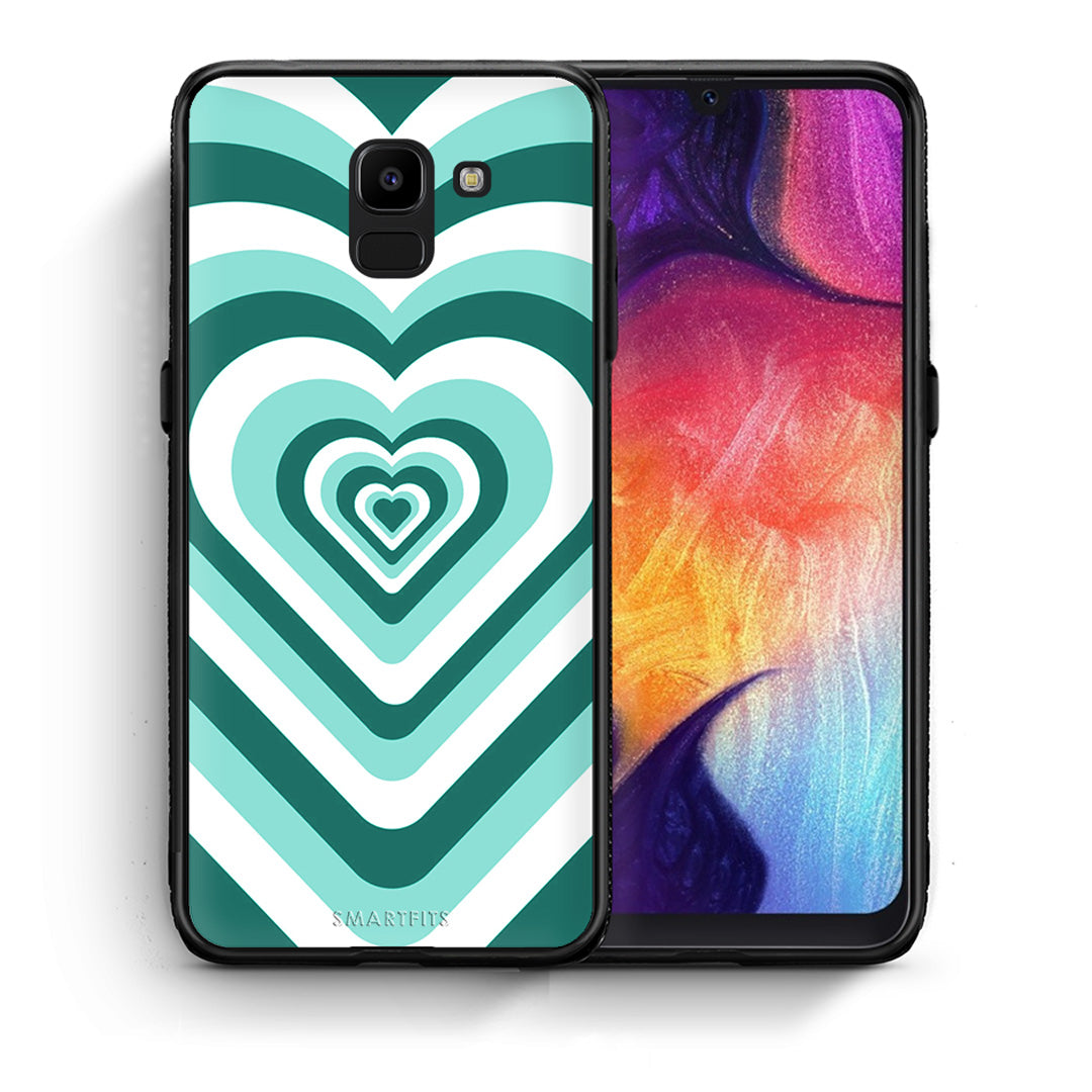 Θήκη Samsung J6 Green Hearts από τη Smartfits με σχέδιο στο πίσω μέρος και μαύρο περίβλημα | Samsung J6 Green Hearts case with colorful back and black bezels