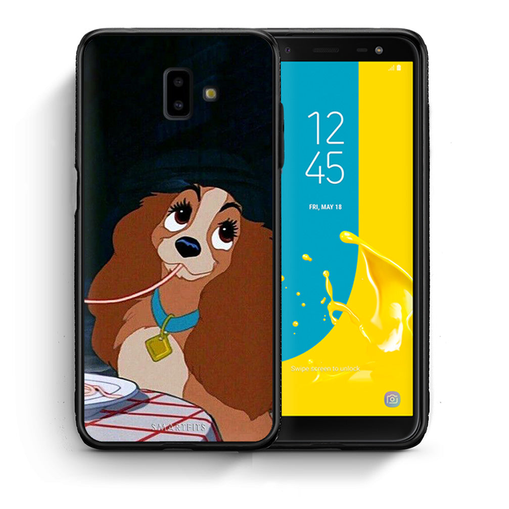 Θήκη Αγίου Βαλεντίνου Samsung J6+ Lady And Tramp 2 από τη Smartfits με σχέδιο στο πίσω μέρος και μαύρο περίβλημα | Samsung J6+ Lady And Tramp 2 case with colorful back and black bezels