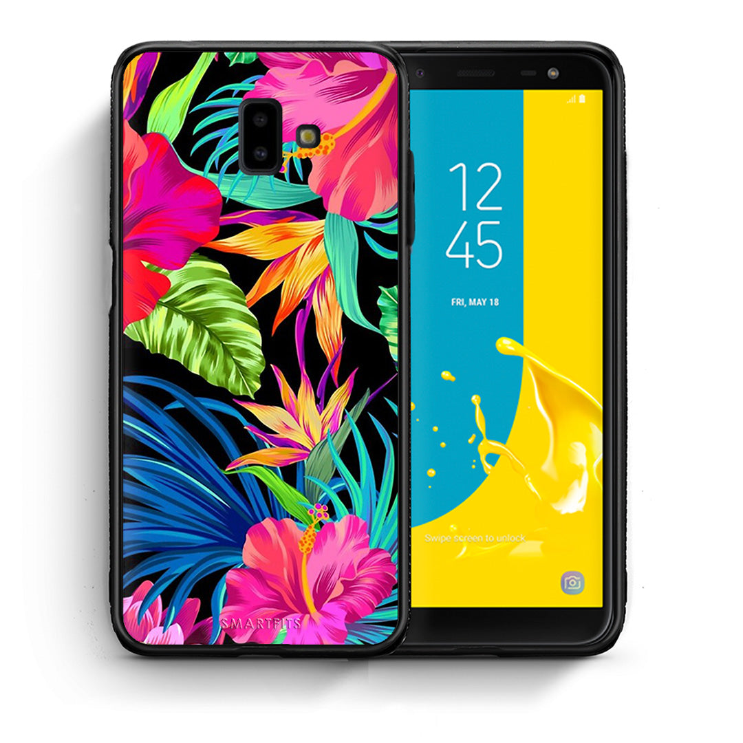 Θήκη Samsung J6+ Tropical Flowers από τη Smartfits με σχέδιο στο πίσω μέρος και μαύρο περίβλημα | Samsung J6+ Tropical Flowers case with colorful back and black bezels
