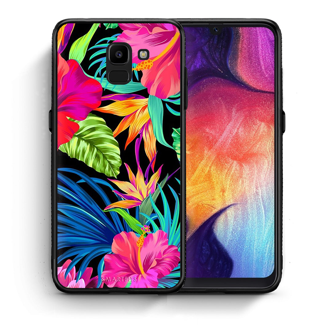 Θήκη Samsung J6 Tropical Flowers από τη Smartfits με σχέδιο στο πίσω μέρος και μαύρο περίβλημα | Samsung J6 Tropical Flowers case with colorful back and black bezels