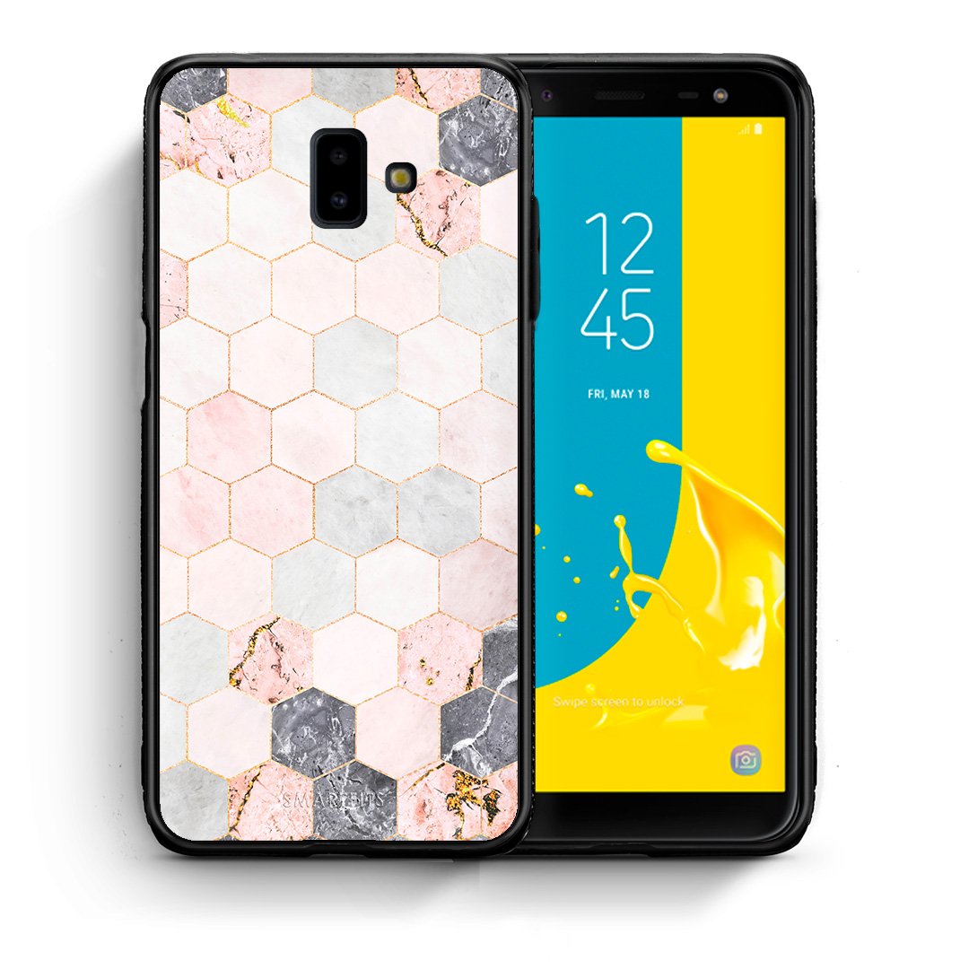 Θήκη Samsung J6+ Hexagon Pink Marble από τη Smartfits με σχέδιο στο πίσω μέρος και μαύρο περίβλημα | Samsung J6+ Hexagon Pink Marble case with colorful back and black bezels