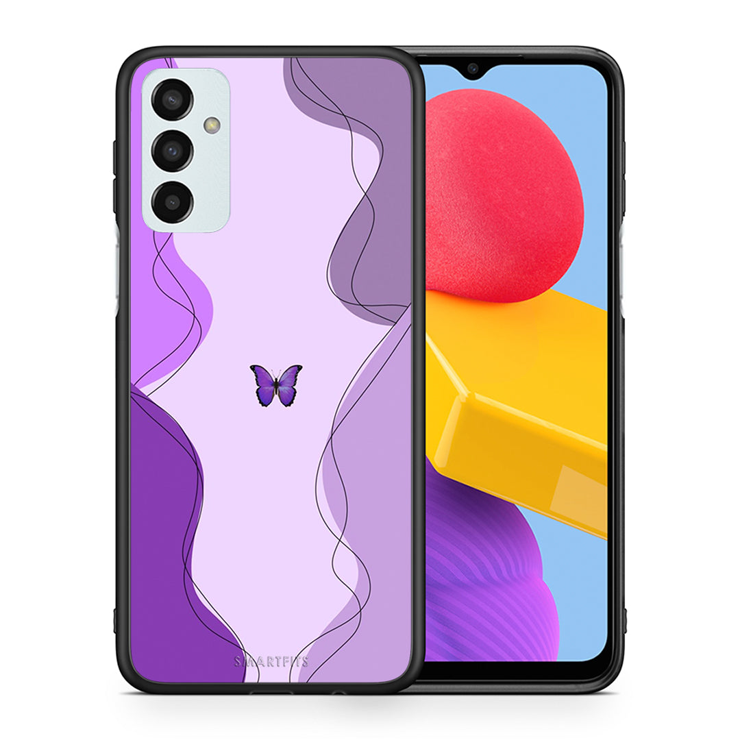 Θήκη Αγίου Βαλεντίνου Samsung M13 Purple Mariposa από τη Smartfits με σχέδιο στο πίσω μέρος και μαύρο περίβλημα | Samsung M13 Purple Mariposa case with colorful back and black bezels