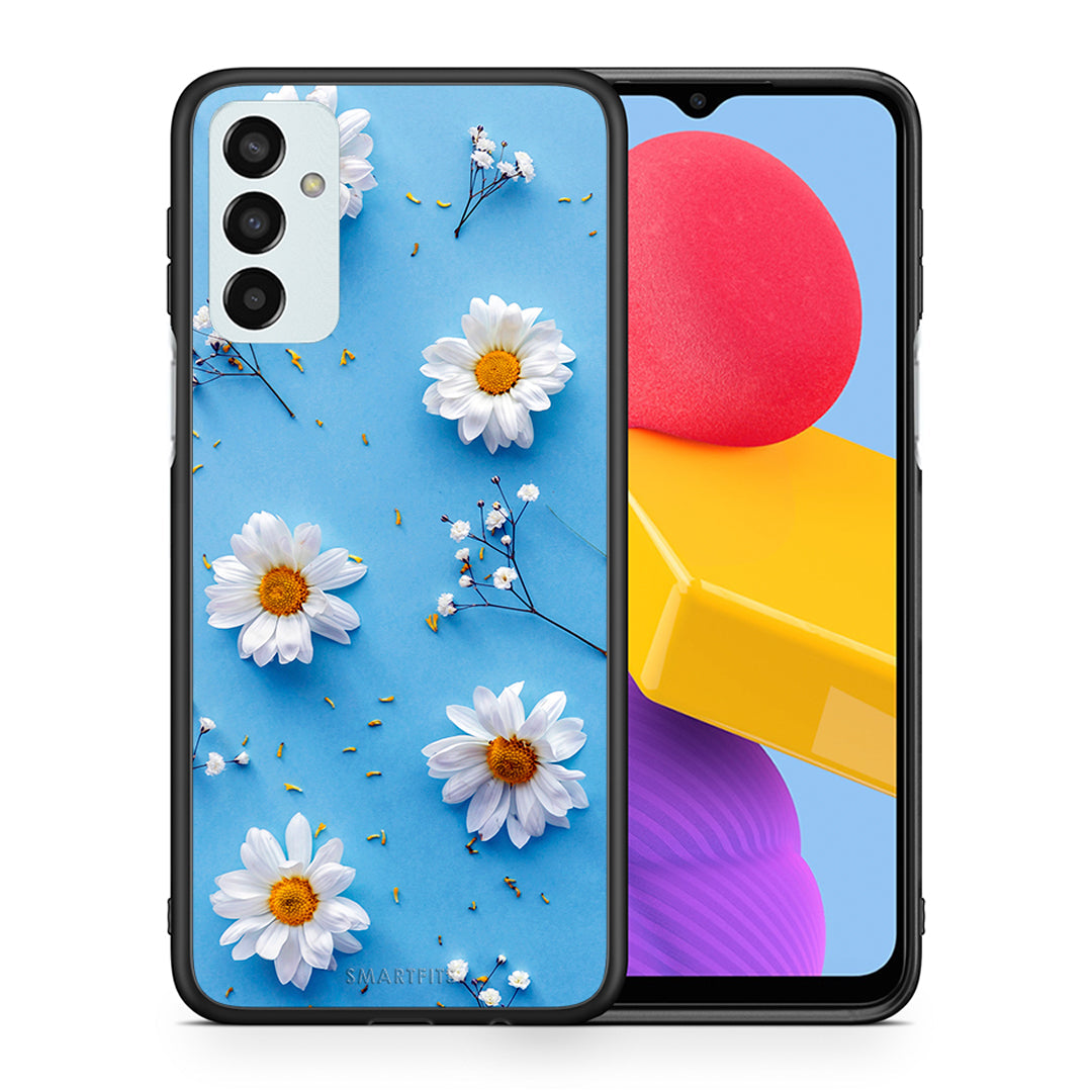 Θήκη Samsung M13 Real Daisies από τη Smartfits με σχέδιο στο πίσω μέρος και μαύρο περίβλημα | Samsung M13 Real Daisies case with colorful back and black bezels