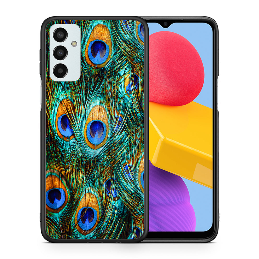 Θήκη Samsung M13 Real Peacock Feathers από τη Smartfits με σχέδιο στο πίσω μέρος και μαύρο περίβλημα | Samsung M13 Real Peacock Feathers case with colorful back and black bezels