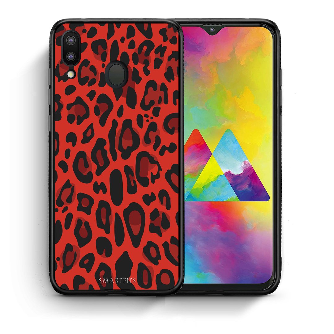 Θήκη Samsung M20 Red Leopard Animal από τη Smartfits με σχέδιο στο πίσω μέρος και μαύρο περίβλημα | Samsung M20 Red Leopard Animal case with colorful back and black bezels