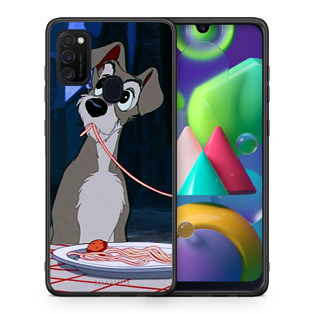 Θήκη Αγίου Βαλεντίνου Samsung M21 / M31 Lady And Tramp 1 από τη Smartfits με σχέδιο στο πίσω μέρος και μαύρο περίβλημα | Samsung M21 / M31 Lady And Tramp 1 case with colorful back and black bezels