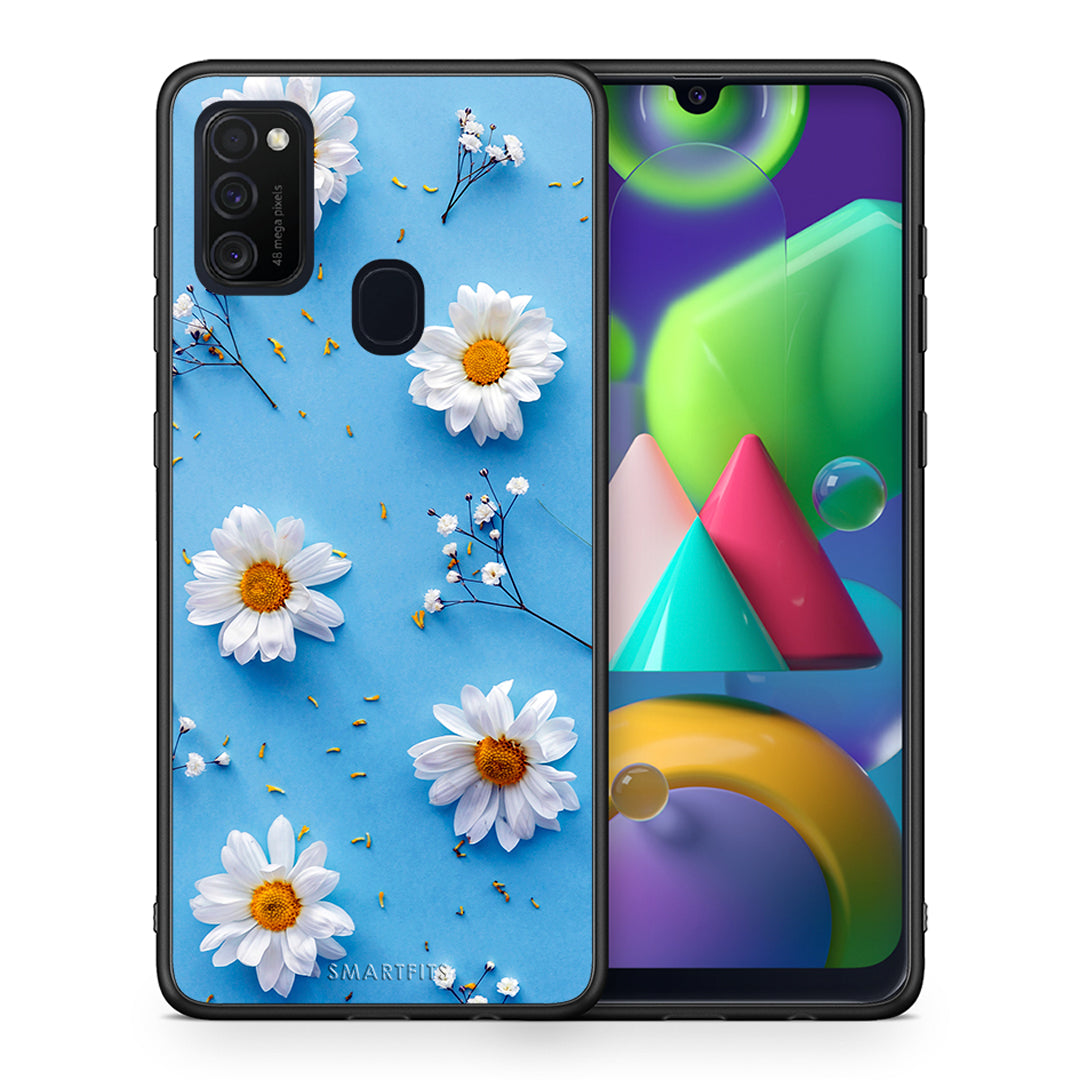 Θήκη Samsung M21/M31 Real Daisies από τη Smartfits με σχέδιο στο πίσω μέρος και μαύρο περίβλημα | Samsung M21/M31 Real Daisies case with colorful back and black bezels